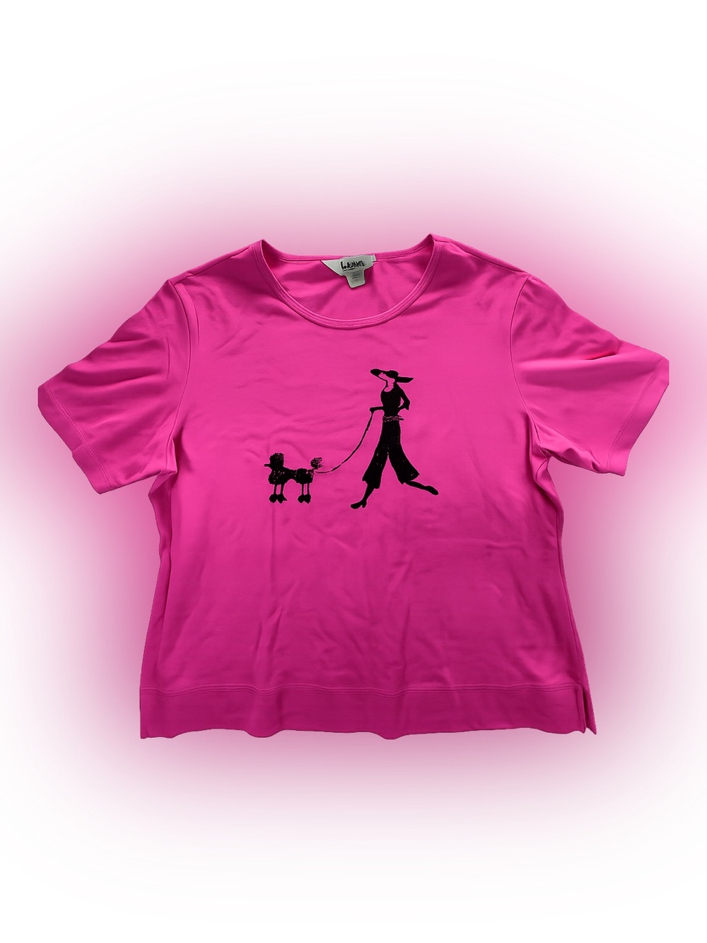 Best Women’s Pink Graphic T-Shirt Large Woman Walking Poodle Short Sleeve